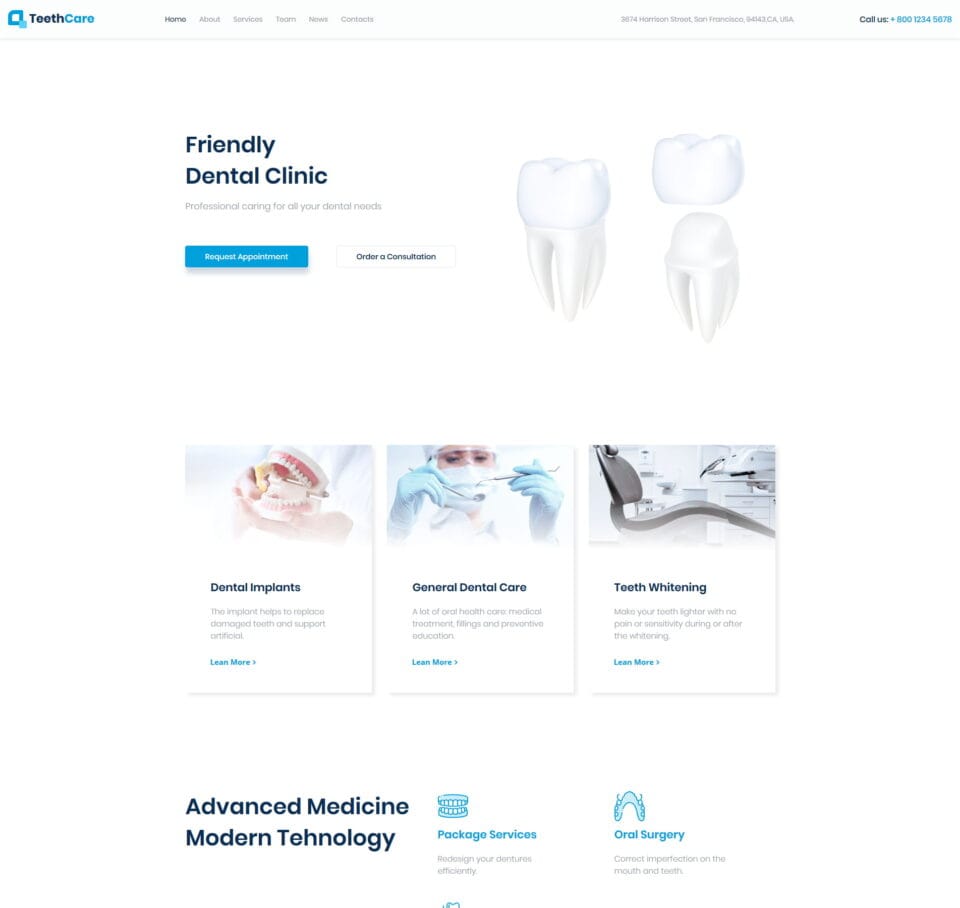 Comprehensive dental website template for clinics, services, and patient care
