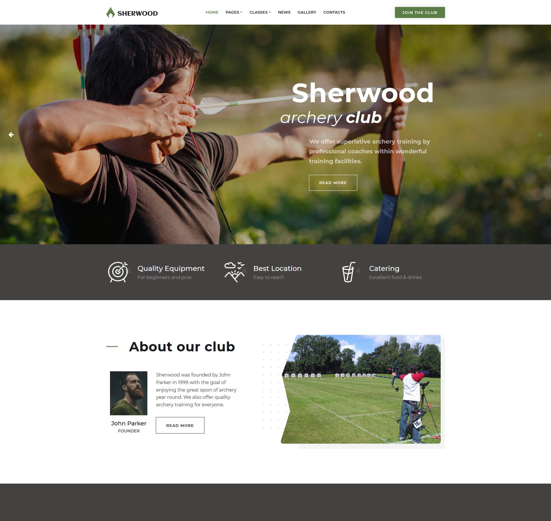Specialised archery website template, perfect for clubs, events, and sports shops