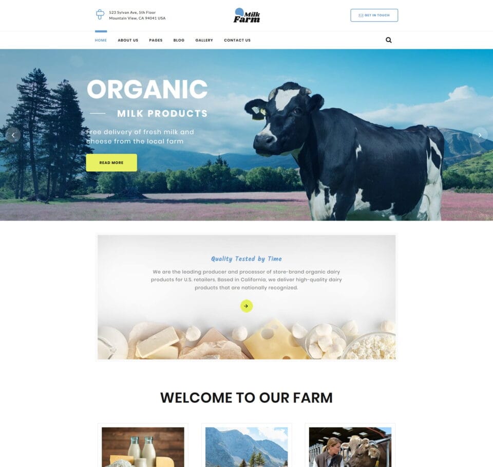 Dairy website template for farms, dairy products, and agricultural businesses