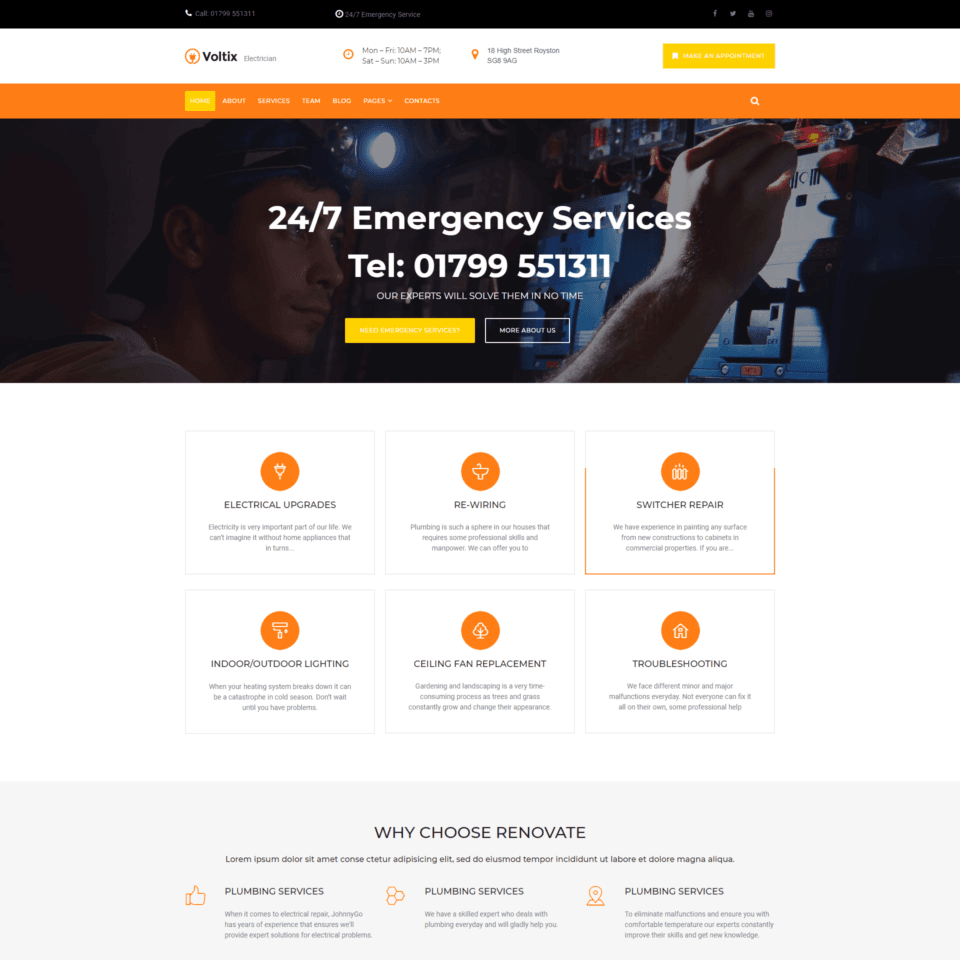 Electrician website template for services, repairs, and residential projects